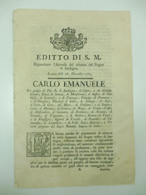 EDITTODI S. M. RIGUARDANTE L'AZIENDA DEL TABACCO DEL REGNO DI SARDEGNA In data delli 28 dicembre 1763